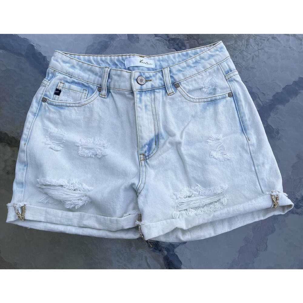 Kancan Size Small Distressed High Rise Jean Shorts Cuffed Light Wash